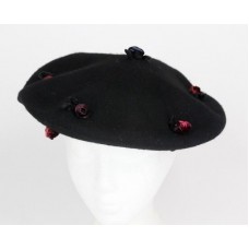 Vintage Mujer&apos;s Black Wool Beret Embellished Velvet Flowers Made in Italy Small  eb-61223817